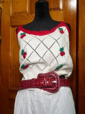 Sugarlips White Knit Cherry Appliqué Tank Top with Red Trim